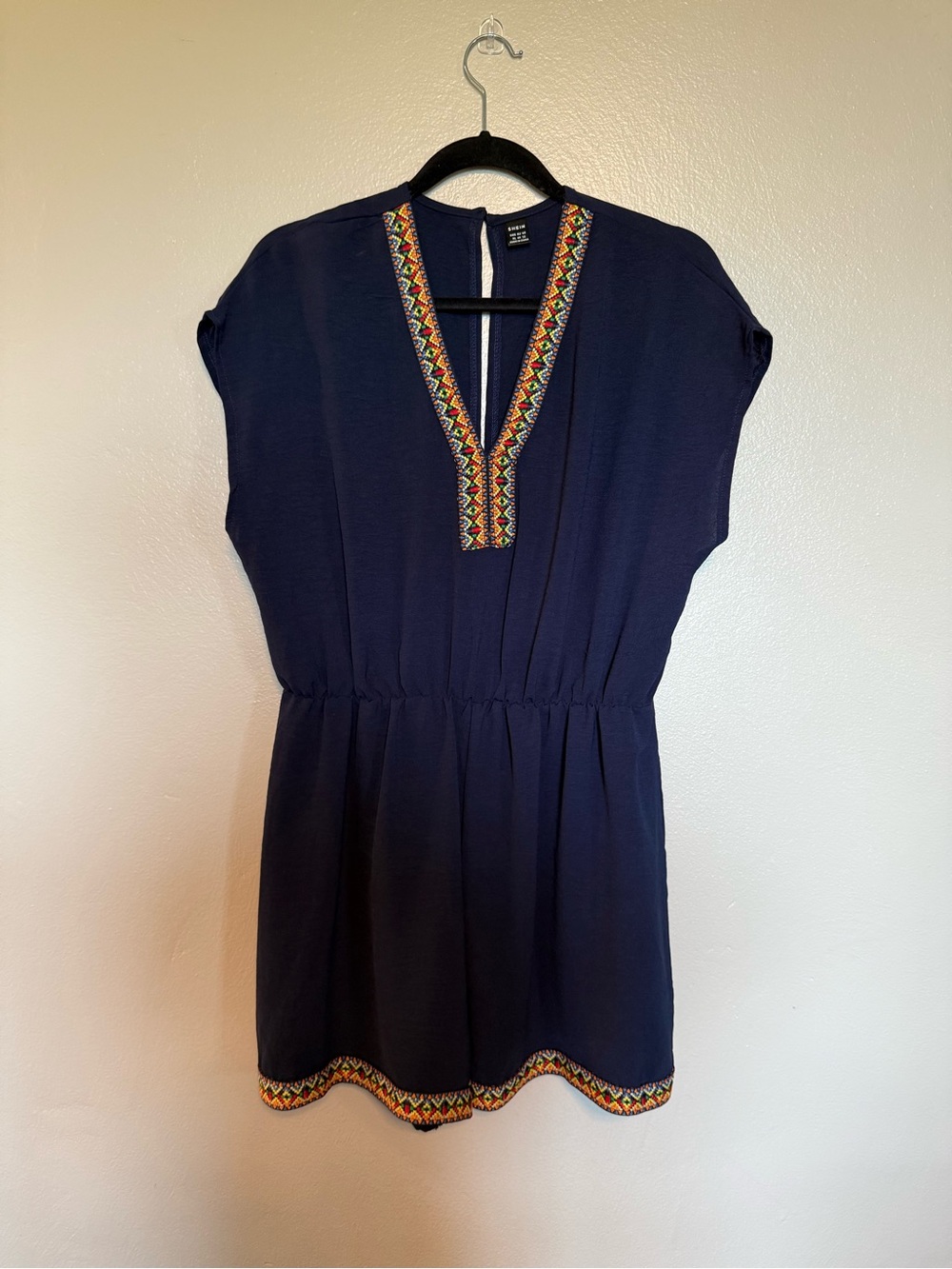 Navy Embroidered V-Neck Romper